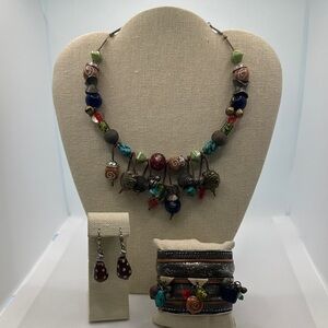 Multi-color southwestern adjustable necklace, wide cuff bracelet & earrings set
